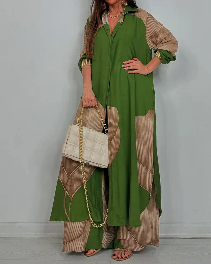 Skye - Trendy Patchwork Printed Top & Wide Leg Pants Set