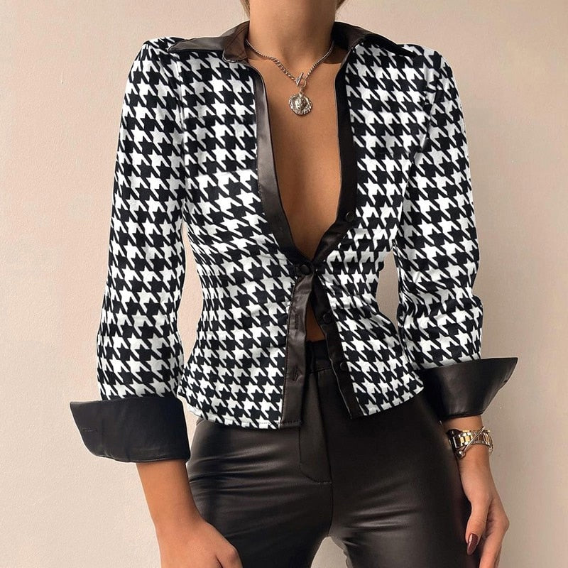 Leila | Printed V-neck PU Leather Blouse with Long Sleeves and Patchwork Design