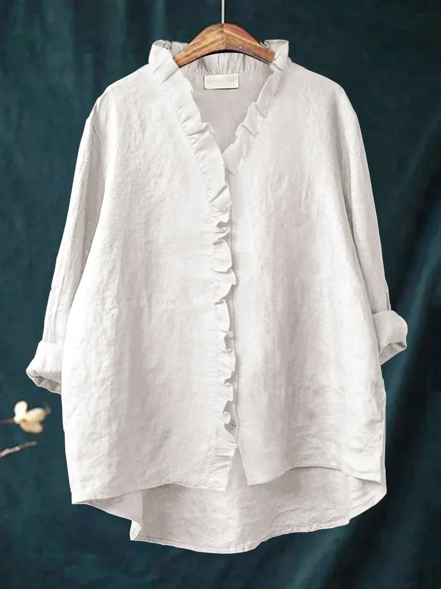 Ella - Casual Cotton And Linen Ruffle Shirt