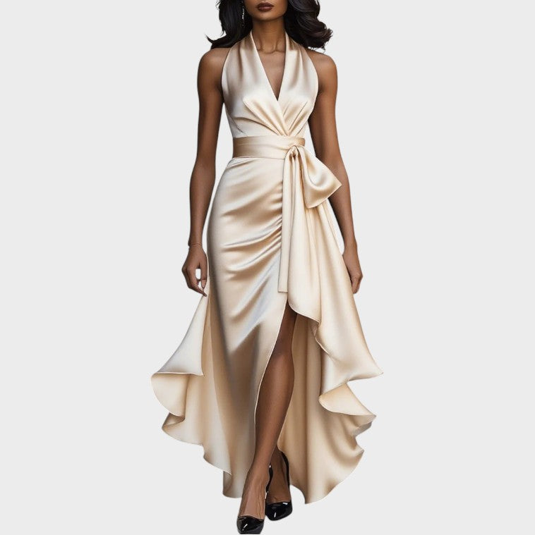 Lina | Midnight elegant satin dress with halter neck and ruffles