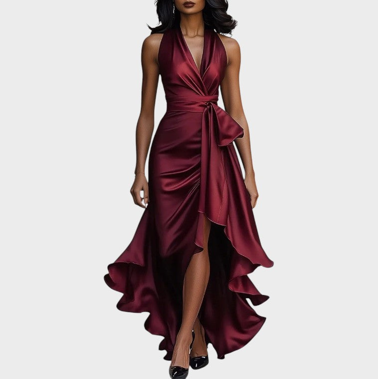 Lina | Midnight elegant satin dress with halter neck and ruffles