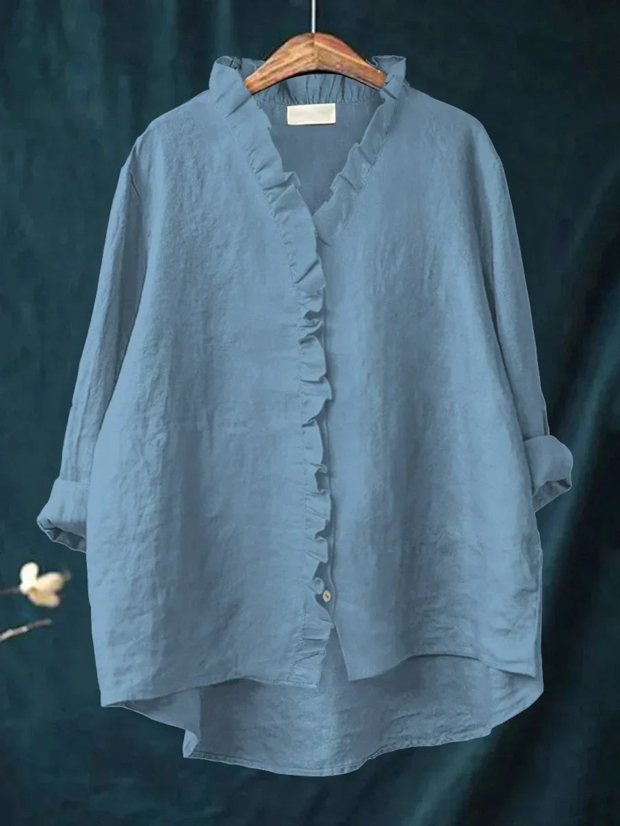 Ella - Casual Cotton And Linen Ruffle Shirt