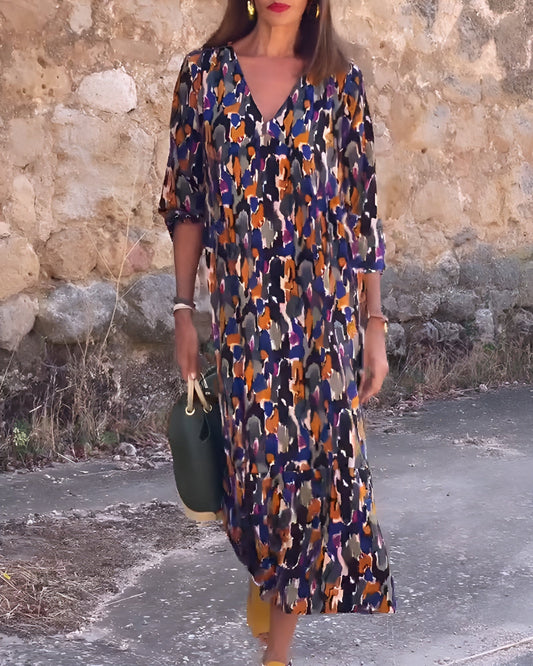 Carla – Long V-Neck Dress with Retro Pattern