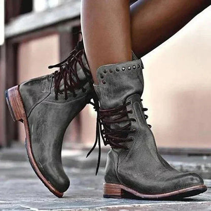 Teagan - Retro Mid-Calf Cross-Tied Boots