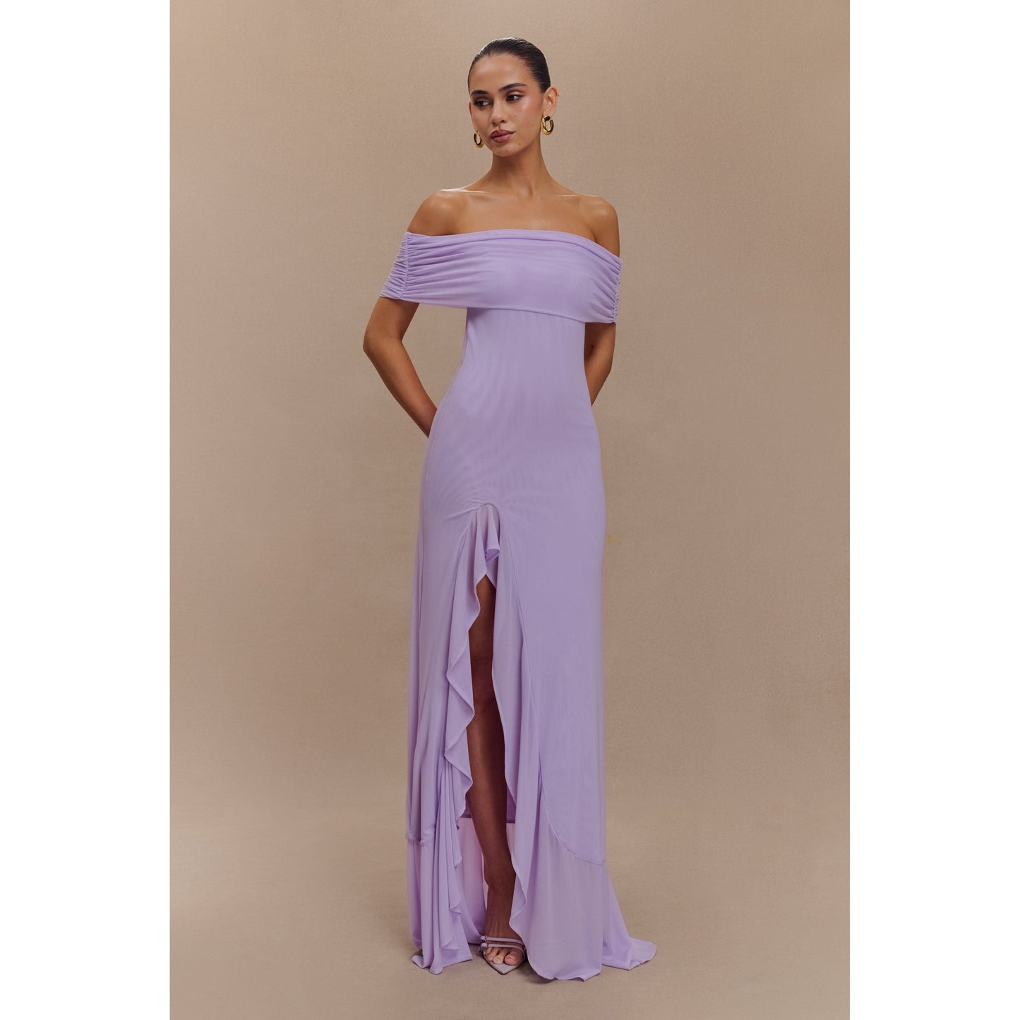 Audrey Off Shoulder Mesh Maxi Dress - Lilac