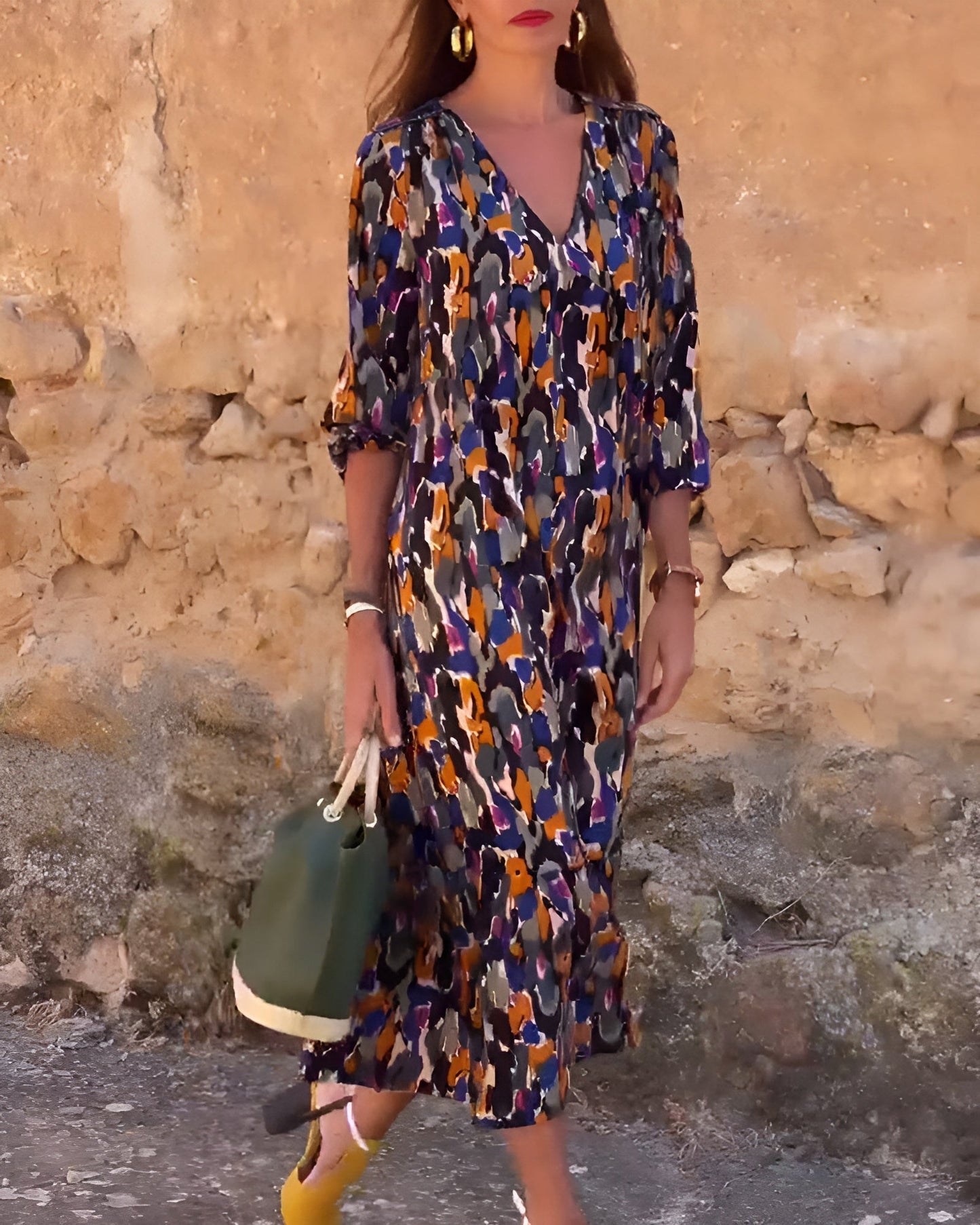 Carla – Long V-Neck Dress with Retro Pattern
