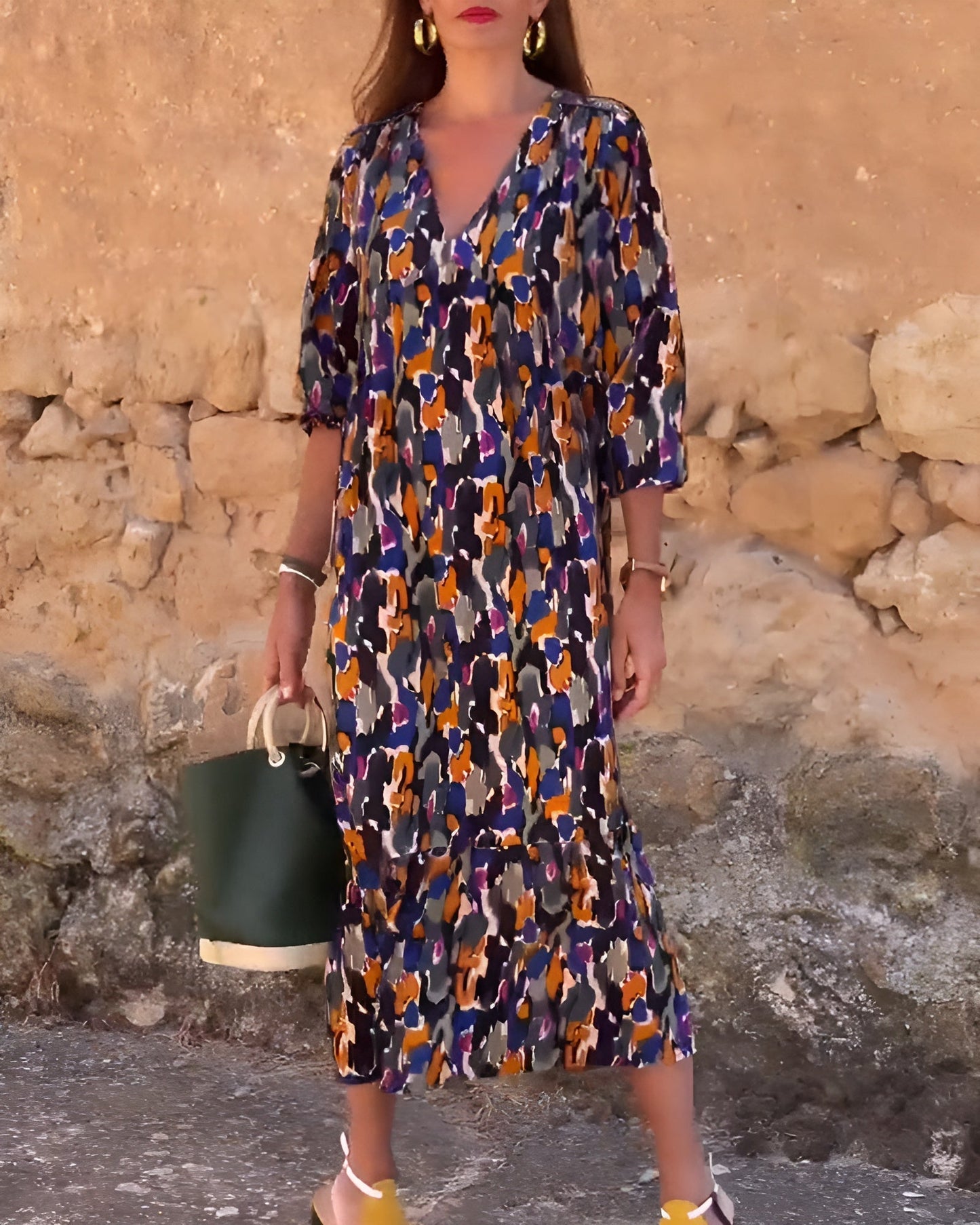 Carla – Long V-Neck Dress with Retro Pattern