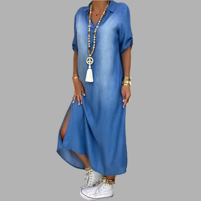 Lea | Long dress in denim look with side slit