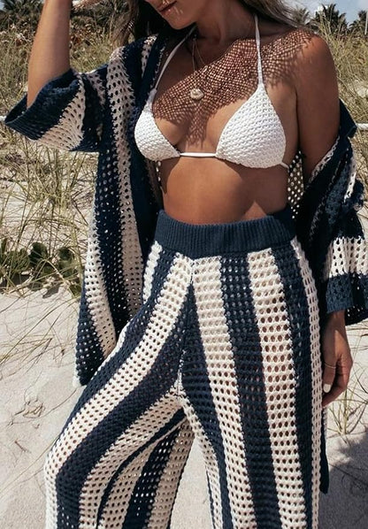 Amelia™ - Striped Hollow Out Top And Pants Set