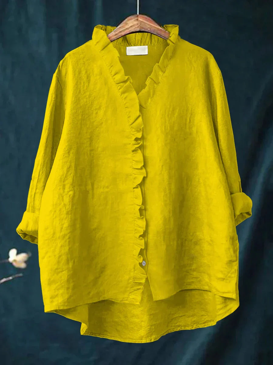 Ella - Casual Cotton And Linen Ruffle Shirt