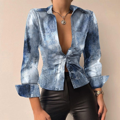Leila | Printed V-neck PU Leather Blouse with Long Sleeves and Patchwork Design