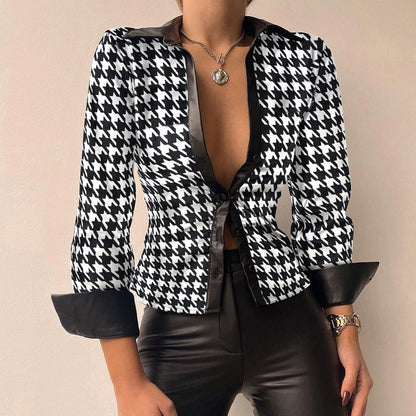 Leila | Printed V-neck PU Leather Blouse with Long Sleeves and Patchwork Design