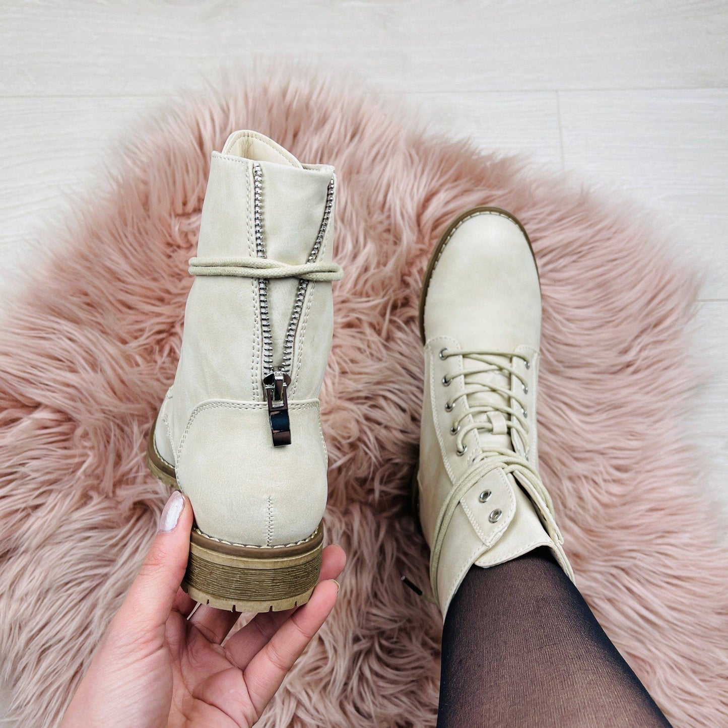 Beige Lace-Up Boots