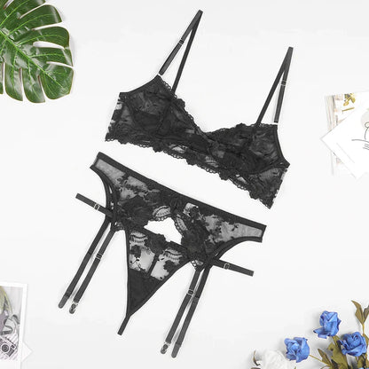 Hartley - Garter Belt Three-Piece Sheer Bra Set