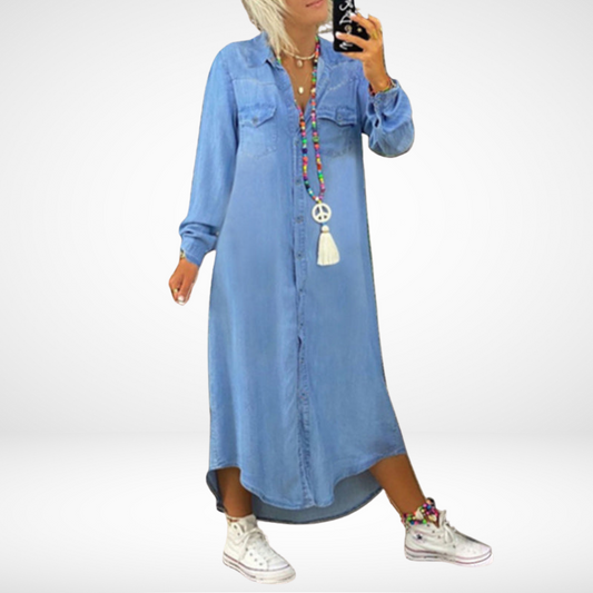 Ella™ | Long Sleeve Maxi Dress in Denim
