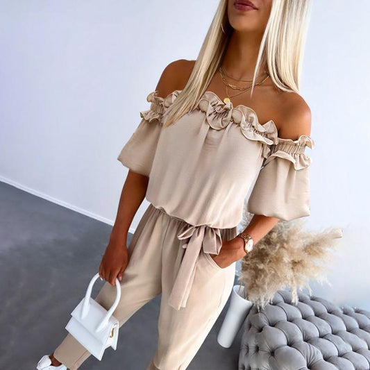Emerald | Chic Off Shoulder Frill Tie-Waist Jumpsuit