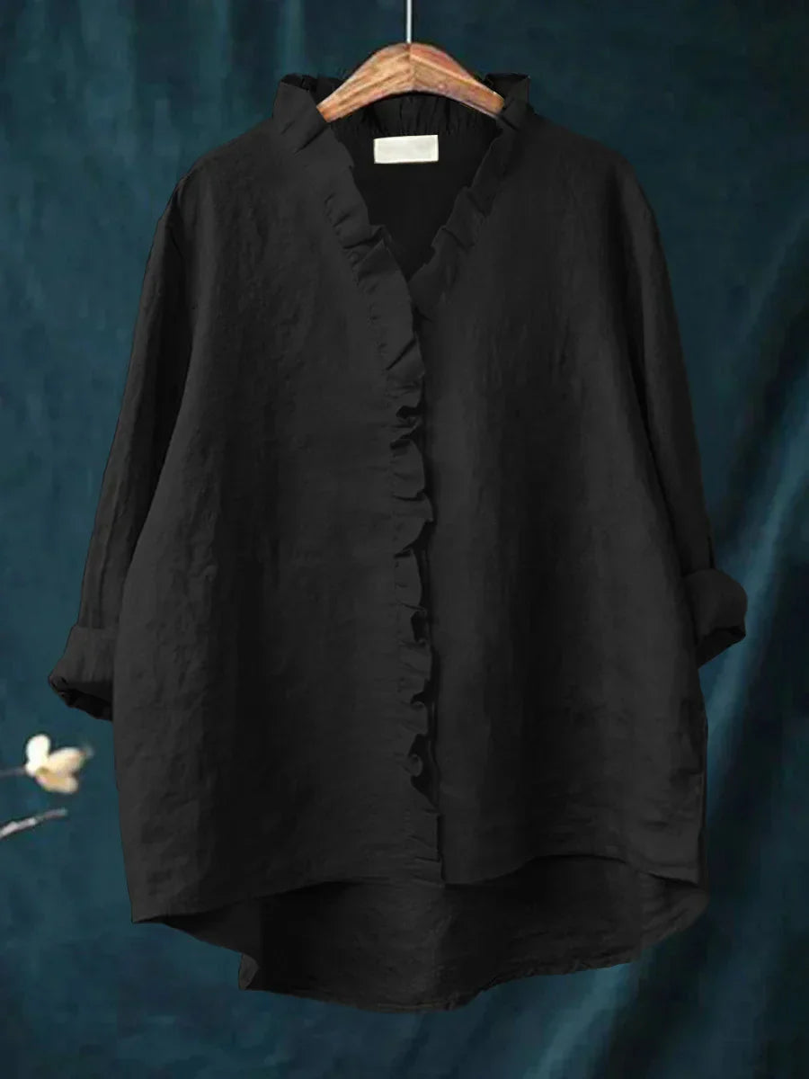 Ella - Casual Cotton And Linen Ruffle Shirt
