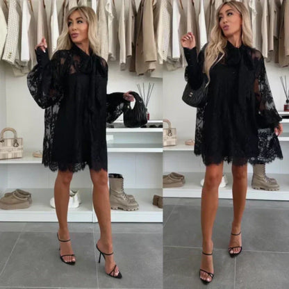 Bonnie | Lace Mini Dress With Tie Neck