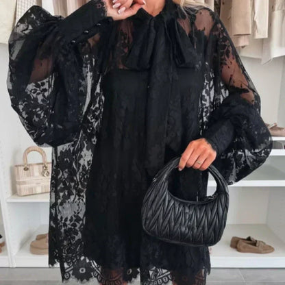 Bonnie | Lace Mini Dress With Tie Neck