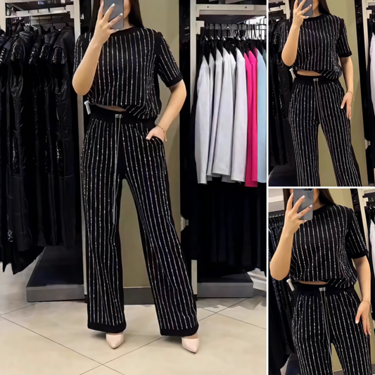 Rihanna | Sparkling Rhinestone Striped Knit Two-Piece Set