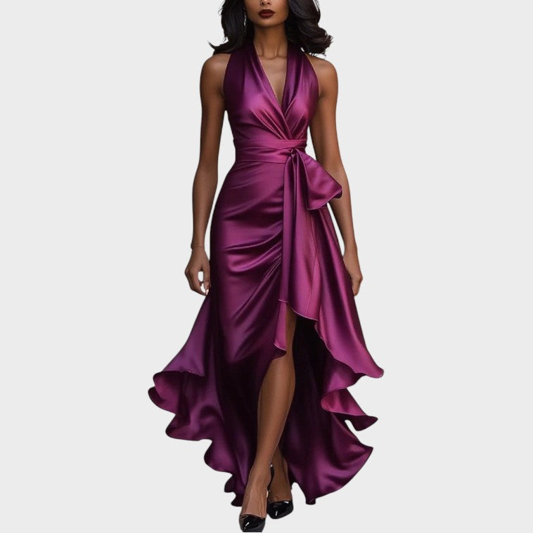 Lina | Midnight elegant satin dress with halter neck and ruffles