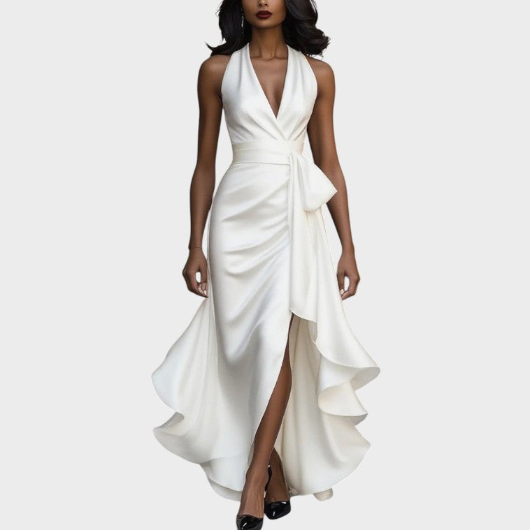 Lina | Midnight elegant satin dress with halter neck and ruffles