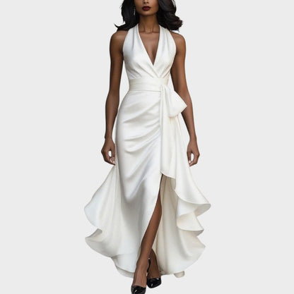 Lina | Midnight elegant satin dress with halter neck and ruffles