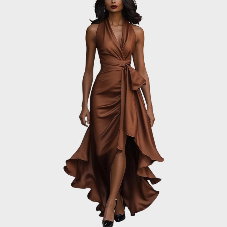 Lina | Midnight elegant satin dress with halter neck and ruffles