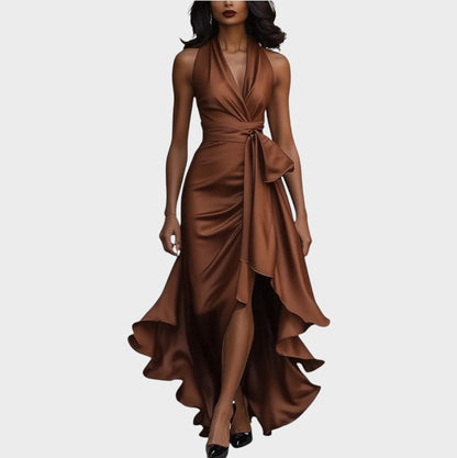 Lina | Midnight elegant satin dress with halter neck and ruffles
